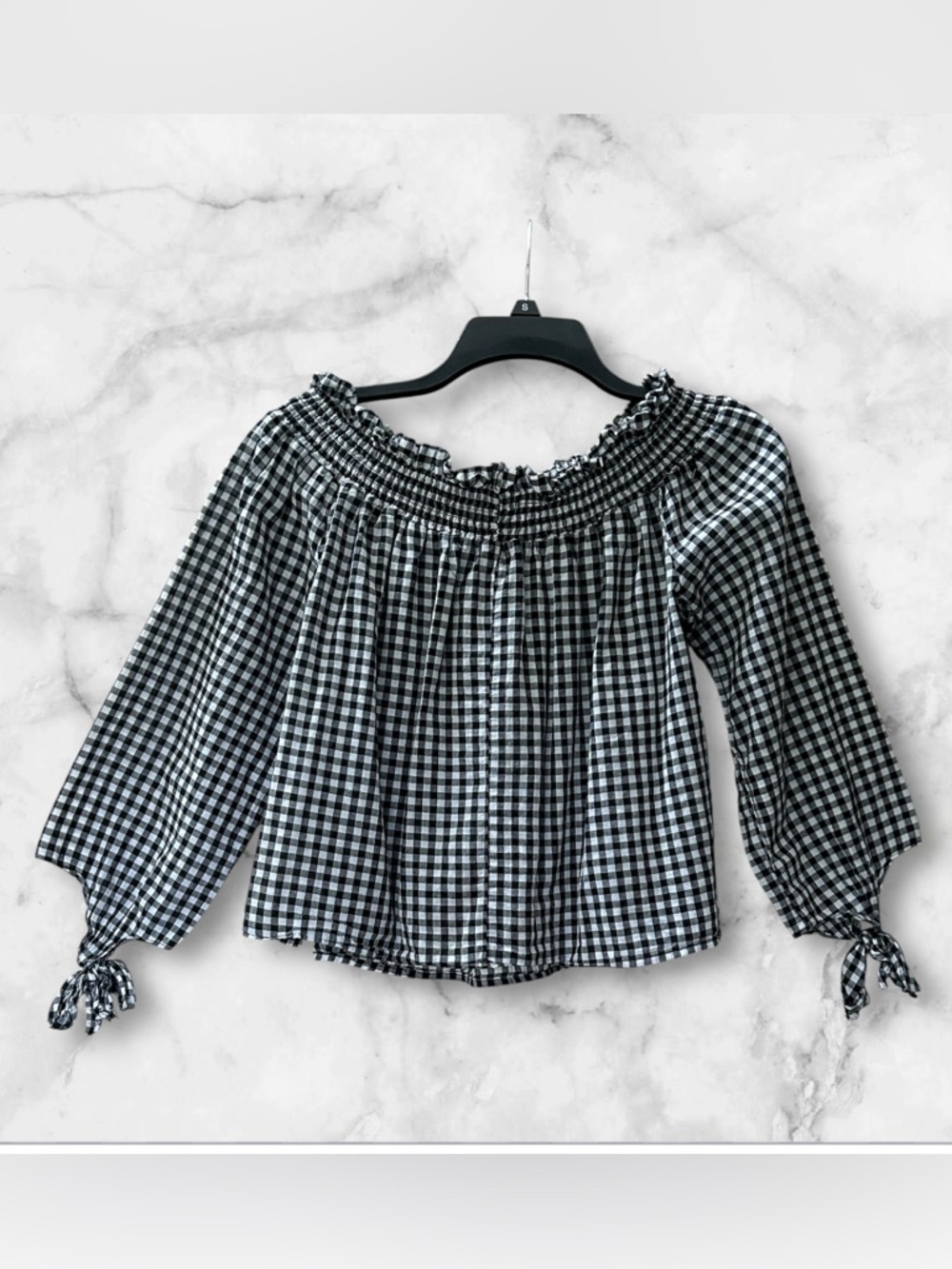Miss Lili Boho Black White Gingham Off Shoulder Embroidered Peasant Blouse Sz L - Picture 4 of 9
